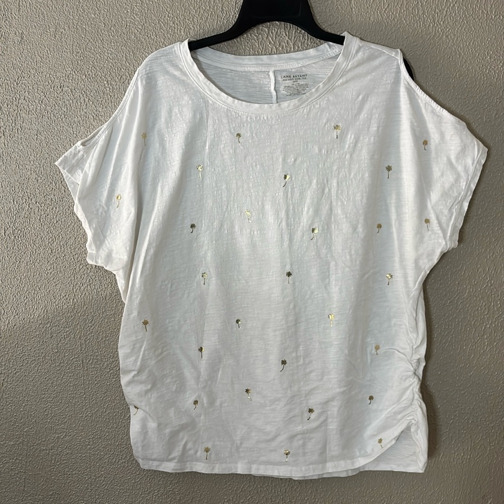 Women’s Plus Lane Bryant Ruched Side Tee 18/20 White Gold Palm Tree Summer